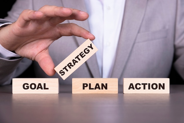 El objetivo, el plan, la estrategia, la acción, el texto están escritos en cubos de madera