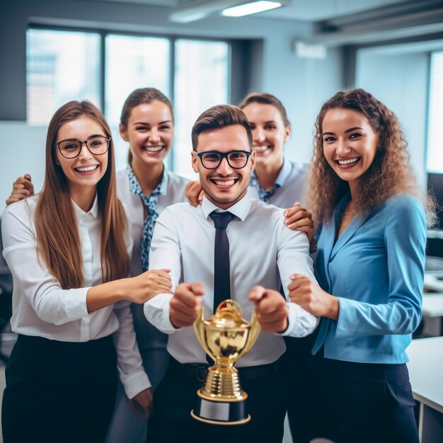 Foto objetivos comercialesconcepto comercialhombres de negocios con trofeos