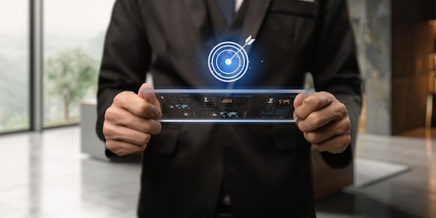 Objetivos para el concepto de negocio Estrategia y logro de objetivos Ícono de objetivo en fondo inteligente Planificación de negocios Objetivos comunes Planificación y estrategias de visión de negocio