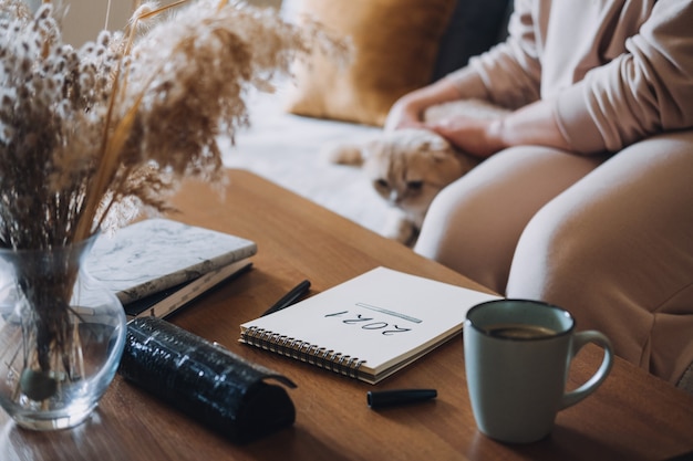 Objetivos de planificación de resolución de año nuevo mujer escribiendo en un bloc de notas con carga de texto sobre la mesa en