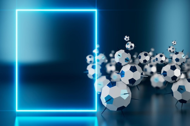 Objeto 3d de fútbol en el fondo abstracto arena concepto diseño copia espacio ilustración 3d resplandor luz de neón marco de texto elemento de renderizado 3d juego de fútbol deporte equipo deportivo bola realista