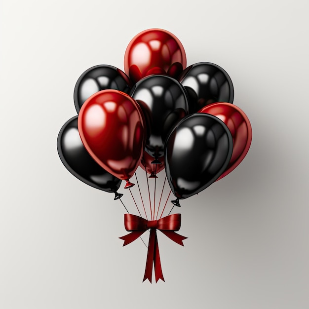 Objeto 3D de globos negros y rojos con lazo dorado