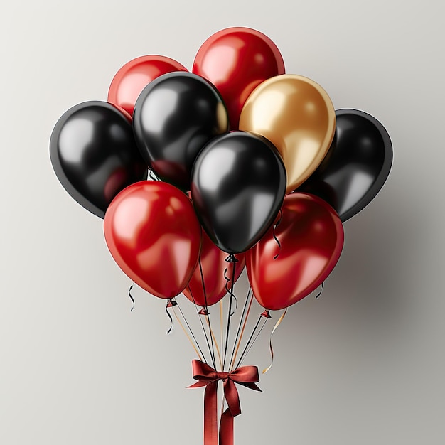 Objeto 3D de globos negros y rojos con lazo dorado