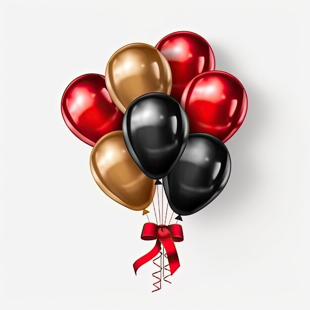 Objeto 3D de globos negros y rojos con lazo dorado