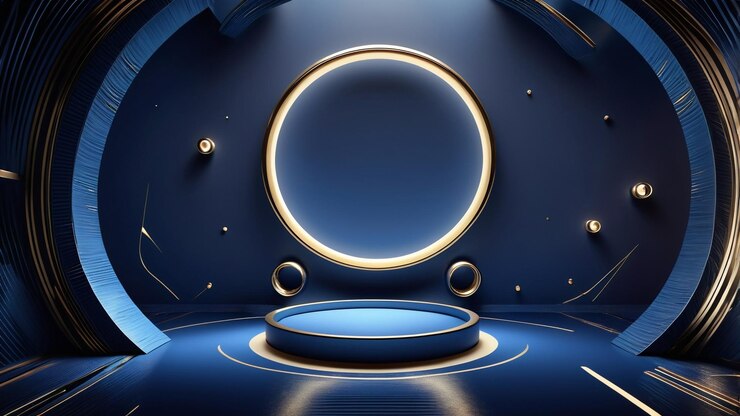 un objeto azul y dorado con un diseño circular en la parte posterior