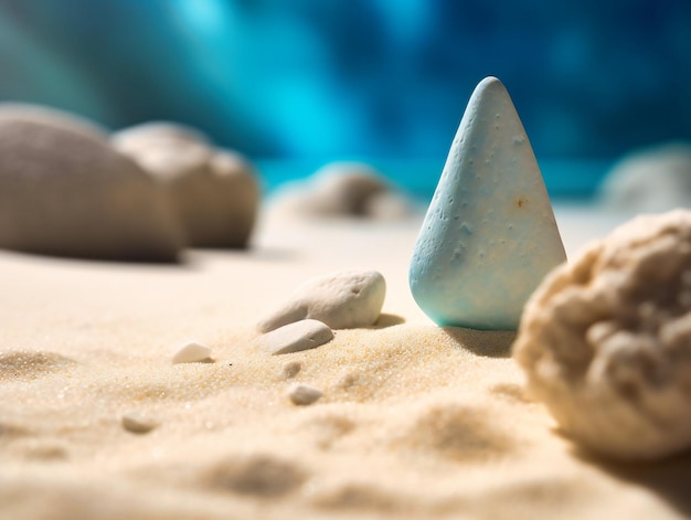 Un objeto blanco está en la arena de una playa tropical