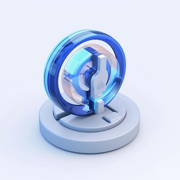 un objeto circular azul y plateado con un círculo azul en la parte superior.
