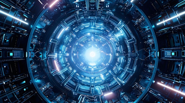 un objeto circular azul y plateado con una luz azul en el centro renderización 3D de scifi stretch bac