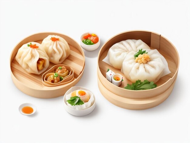 Objeto de comida em close de Dimsum servido em uma xícara com fundo branco