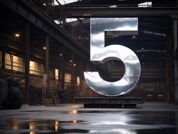 Objeto de metal gigante e brilhante em forma de números em um ambiente de fábrica