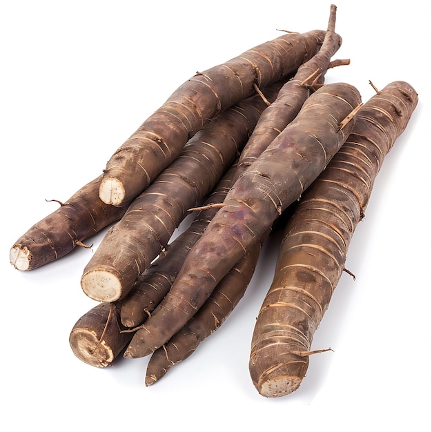 Objeto de raízes tuberosas castanhas longas de cassava deve ser isolado em broto branco BG limpo em branco