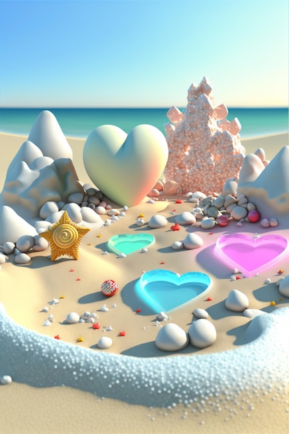 Objeto em forma de coração sentado em cima de uma praia arenosa Generative Ai