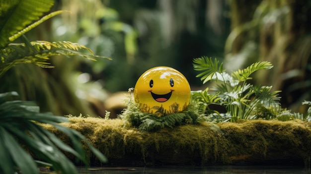 Un objeto emoji colocado en un entorno natural al aire libre.