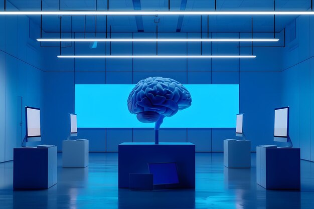 Foto un objeto en forma de cerebro en una habitación azul con una pared azul detrás de él