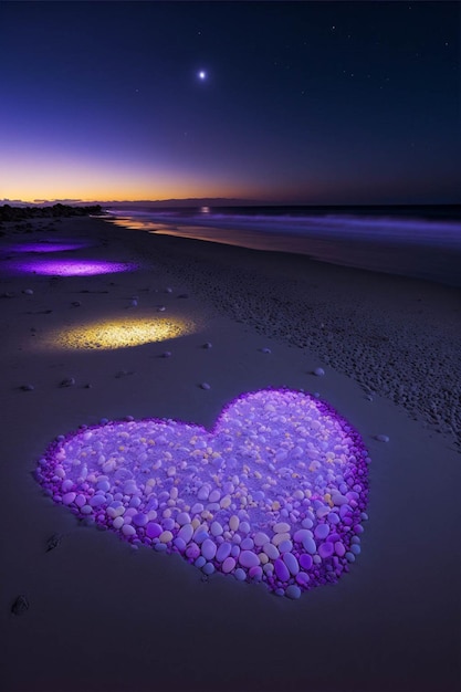 Objeto en forma de corazón sentado encima de una playa de arena Ai generativo