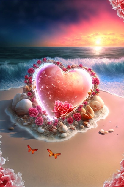 Objeto en forma de corazón sentado encima de una playa de arena Ai generativo