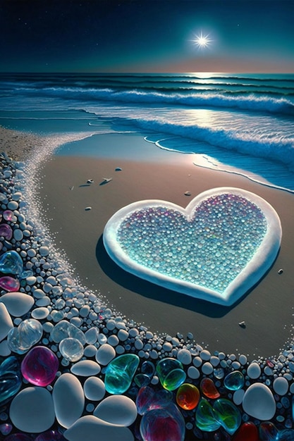 Objeto en forma de corazón sentado encima de una playa de arena Ai generativo