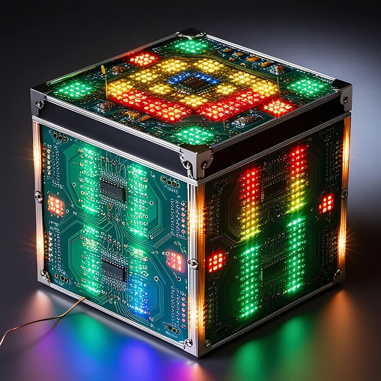 Foto objeto en forma de cubo con placas de circuitos iluminados y led
