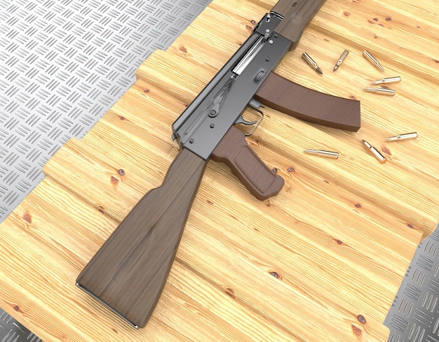Foto un objeto de madera con una pistola está sobre un suelo de madera.