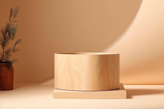 Objeto de madera y planta en maceta sobre una mesa creada con tecnología de IA generativa