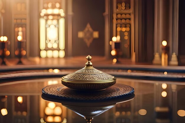 Un objeto de oro en una mesa en un templo