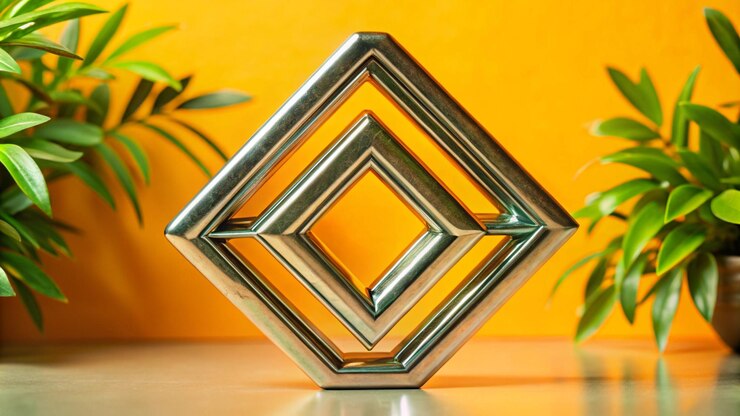 Foto un objeto de plata y plata con una planta en la esquina