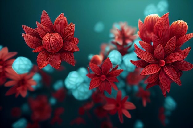 objeto realista de flores rojas y turquesas en 3d, flotante, fractales, fondo floral abstracto