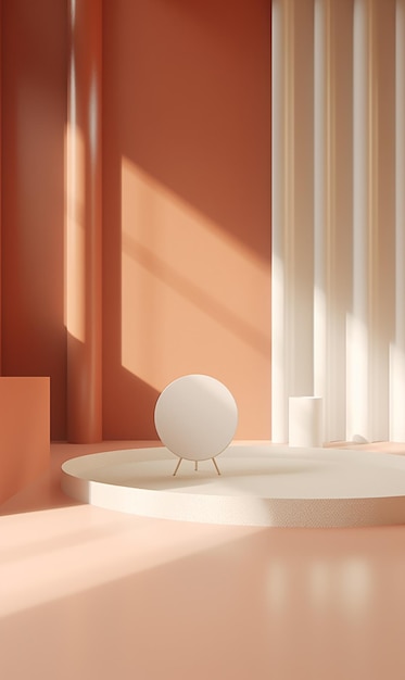 Un objeto redondo blanco se sienta en un pedestal redondo en una habitación rosa.