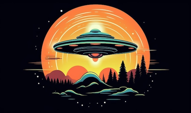 Objeto voador não identificado UFO ilustração placa alienígena pairando sobre fundo generativo Ai