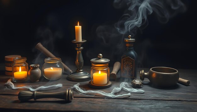 Objetos de brujería para hacer magia aislados con resaltos blancos