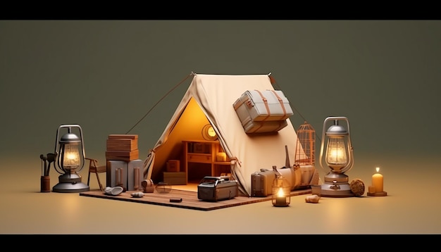 Objetos de campamento creativos mínimos Concepto de miniatura realista Renderizado en ultra alta calidad 8K