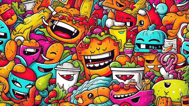 objetos comida y gente personajes garabatos arte colorido IA generativa