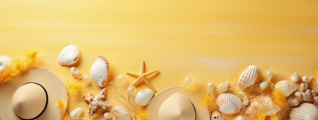 Objetos de praia em fundo amarelo com cópia espaço chapéu de praia estrela do mar e conchas no verão AI