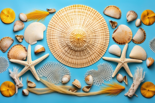 Objetos de praia em fundo azul com espaço de cópia chapéu de praia estrela do mar e conchas fundo de verão AI