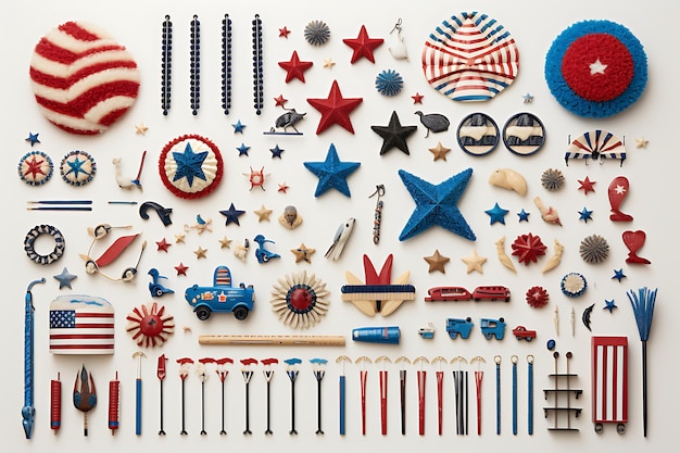 Foto objetos de tema patriótico em vermelho, branco e azul com estrelas e listras