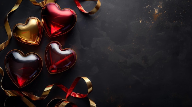 Objetos elegantes em forma de coração com fitas metálicas em fundo de textura escura