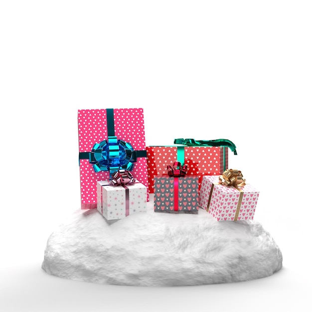 Foto objetos festivos decorativos de caixas de presentes realistas com decorações de festa de comemoração de ano novo e festival de natal renderização em 3d