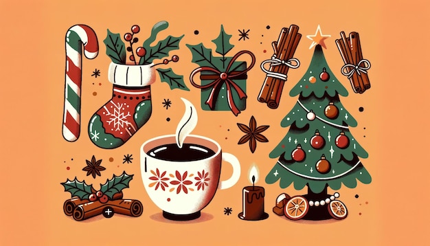Objetos festivos em design plano Arco de árvore de Natal Copo quente gerado por IA