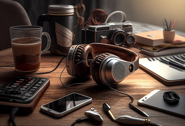 Objetos de música fotográfica con gadget de guitarra y café en la mesa en estilo clásico Día mundial de la música