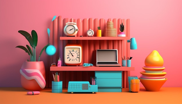 Objetos de oficina 3D Escena de arte pop minimalista Tema creativo