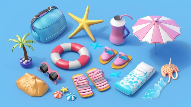 Objetos de playa de verano en 3D Objetos utilizados para tomar el sol, actividades al aire libre o actividades de ocio