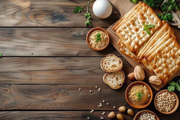 Objetos simbólicos de la Pascua Pesaj sobre un fondo de madera dura en una disposición plana Generativo Ai