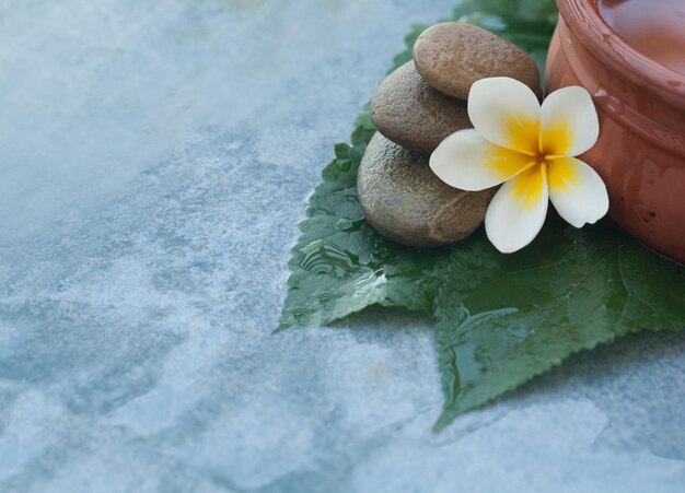 Objetos de spa con flores y luz solar en la camilla de masaje