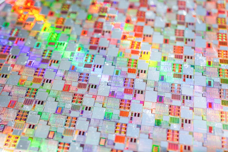 Foto oblea de silicio para la fabricación de semiconductores de circuito integrado.