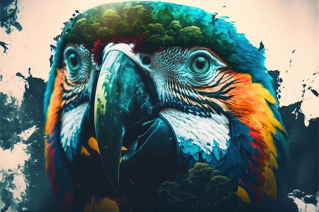 Obra de arte abstracta contemporánea guacamayo de doble exposición y bosque