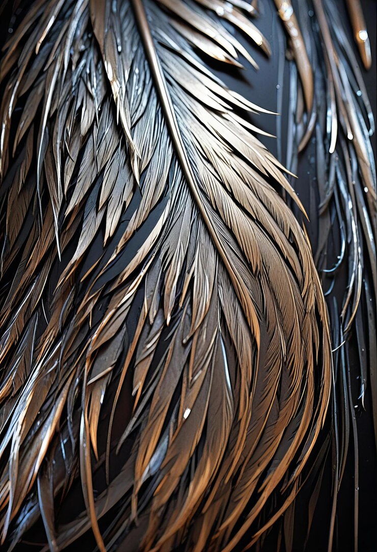 Obra de arte abstracta con plumas de pájaro y metal líquido con formas fluidas