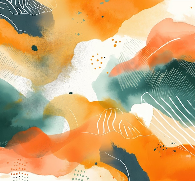 Obra de arte de acuarela abstracta con azul naranja vibrante y trazos de carbón de madera puntos y líneas en un fondo blanco Espacio vacío para texto y diseño papel digital