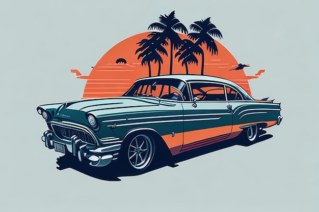 obra de arte de la camiseta diseño gráfico diseño plano de un coche clásico retro