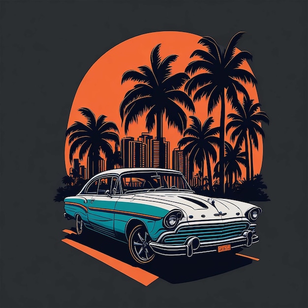 obra de arte de la camiseta diseño gráfico diseño plano de un coche clásico retro