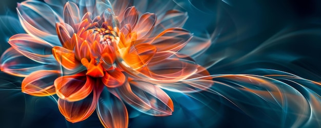 Obra de arte digital abstracta de una flor vibrante con colores de neón giratorios contra un fondo oscuro